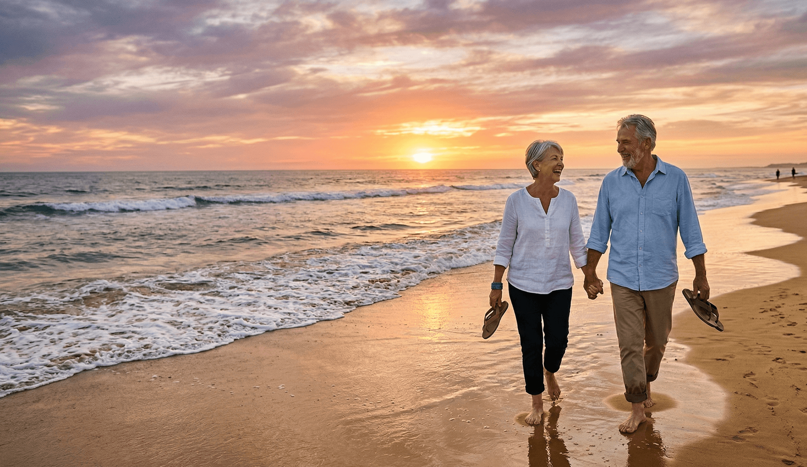 Retired couple walking on the beach at sunset